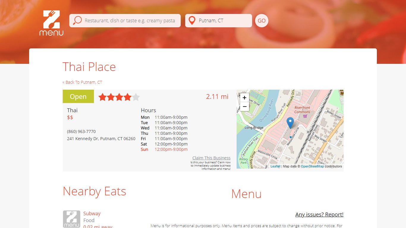 Online Menu of Thai Place Restaurant, Putnam, Connecticut, 06260 - Zmenu